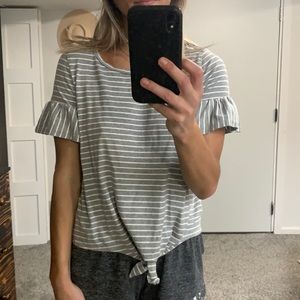 Ruffled sleeve gray and white striped shirt